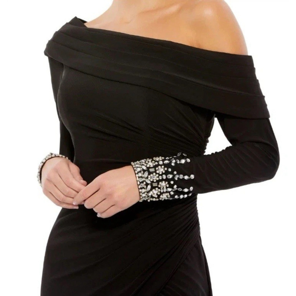 Mac Duggal Black Foldover Long Sleeve Jeweled Midi Dress One-Shoulder Long 10 - Picture 9 of 16